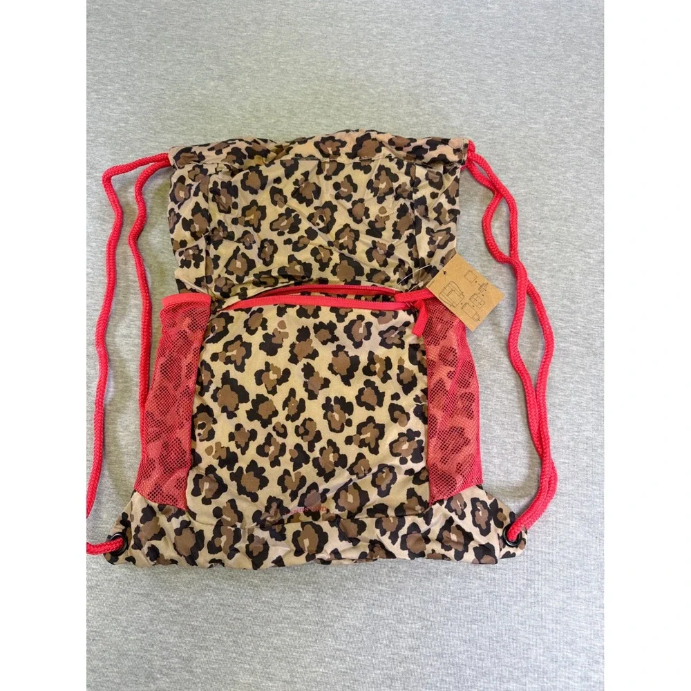 Lands End Kids Leopard Print Packable Cinch Sack Drawstring Backpack Pink